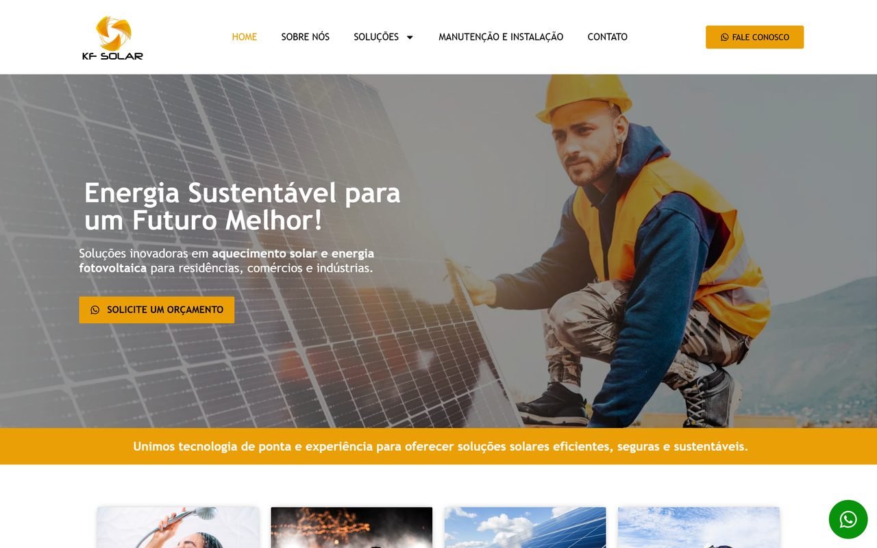 Página inicial do site da KF Solar, com as soluções de energia solar em blocos separados