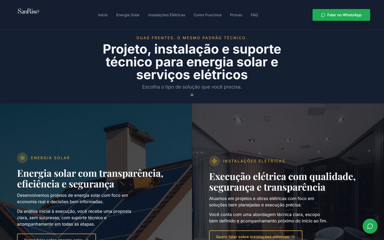 Página inicial do site da SanRise, com energia solar e serviços elétricos em caminhos separados